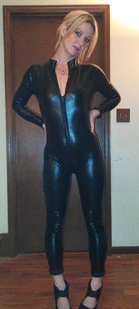 Wife in new open end vinyl outfit ready to be bottomed out by me