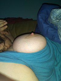 The wife's big tit and nipple.