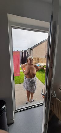In the garden  with tits out