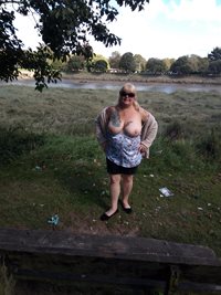 Out & About: Enjoying a nice walk along the river flashing my tits & pussy....