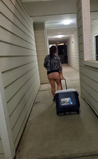 Wife streaking while bringing in the cooler from the car....love this crazy...