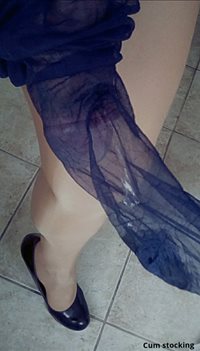Wearing my wife's glossy tights and her stocking on my cock, wanking, ready...