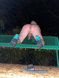 Outside on a park bench waiting for some cock
