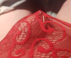 Red lace panties with a pee through sound in