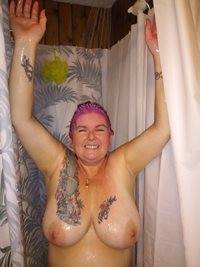 Shower time and dyeing my hair. My husband couldn't resist getting a couple...