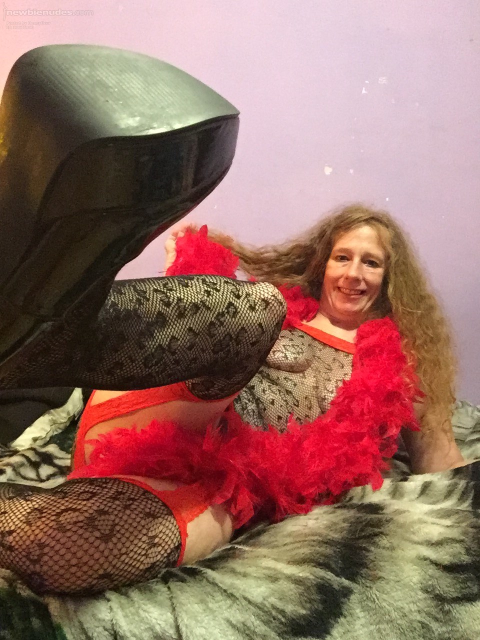 Sassy and sexy nympho slut Honeyfleur in lace and feathers wearing stiletto...