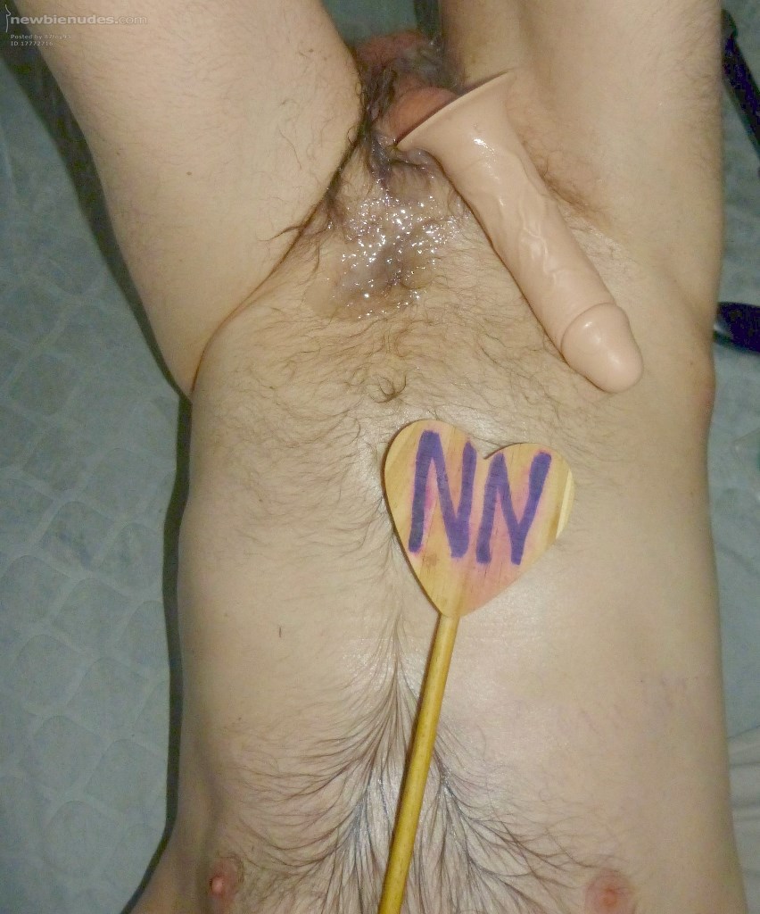 Above view from my chest on down to, just past my balls as I take a break from toy play with my dick still inside the toy... and I am on my kitchen island...late April 2025.