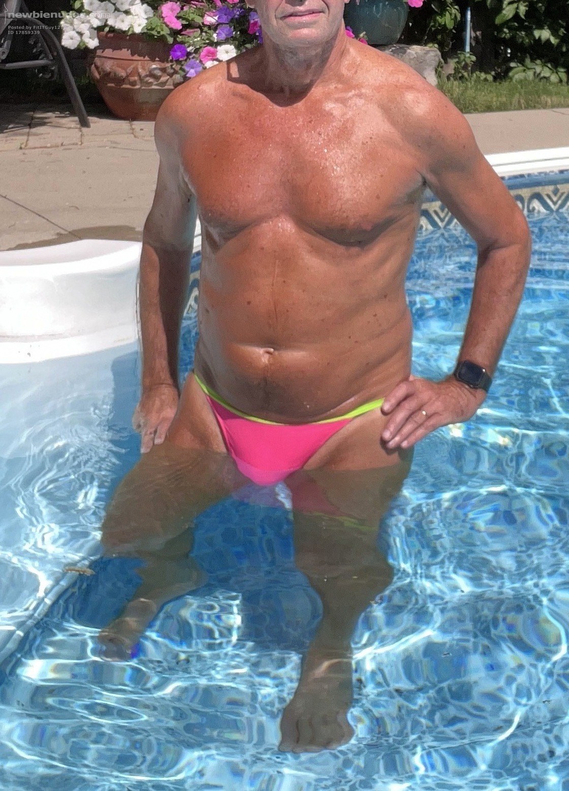 More pool fun in skimpy bikini.  Swimsuits are optional in this pool 