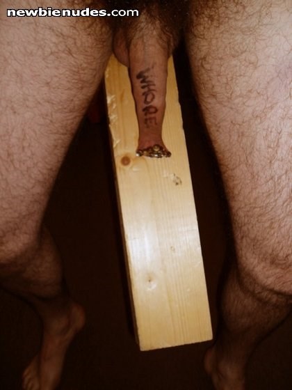 carry block of wood by drawing pins thru foreskin