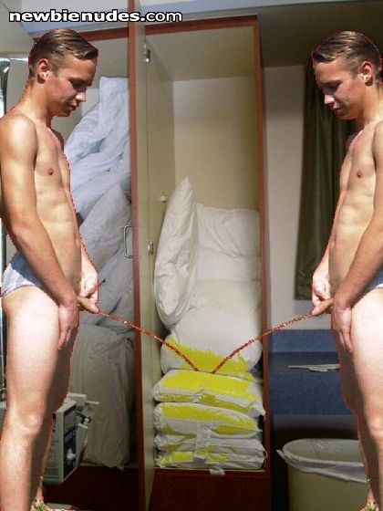 While exploring an old, derilict motel, we found a closit full of pillows.  We are having fun pissing on those pillows.