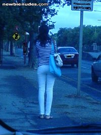 I could make out her blue panties perfectly. Do you like the white pants?