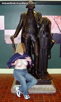 Showing my big tits in front of George Washington.