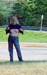 Flashing my tits at a rest stop.