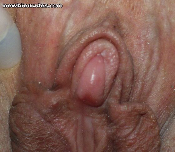 Here's the clit big and hard after being well worked over and having cum a bunch of times.  She cums a dozen or more times each time we get it on, and she's a screamer. Neighbors fortunately not too near.