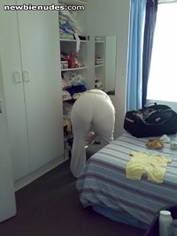 Jane's cute ass bent over in see through pants. Like her full panties?