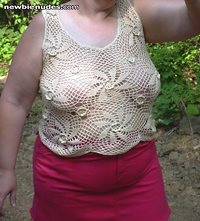 DeDe in one or her many crochet tops no bra. I love it when she wears see t...