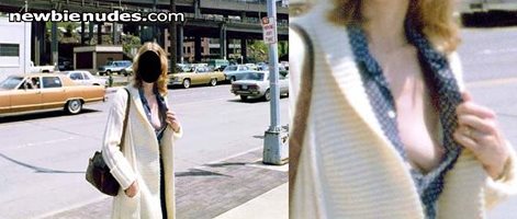 Young exhibitionist married chick flashing a tit in public on the street