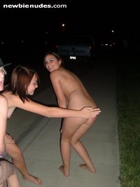 Karen and her friends streaking down the sidewalk. Karen (is the one with a...