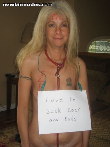 Pig Maria's mouth is open for any man's cock and balls. Who wants to use it?