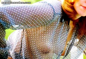 Young exhibitionist shared wife braless in a very sheer top that was worn t...