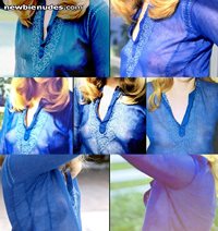 A variety of photos of young exhibitionist shared wife wearing a blue see t...