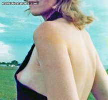 Young exhibitionist shared wife popping a nip in a loose blue halter that w...
