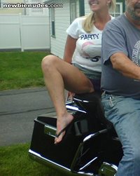Slut Wife on the back of a strangers bike...spreading her legs wide for all...