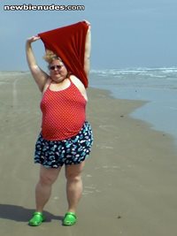 RED swim suit strip tease on Beach