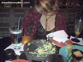 On the loaner date at dinner in lace blouse no bra...date taking pic's