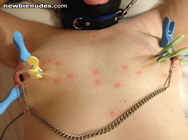 Clamped pegged waxed dripped on nipples an tits