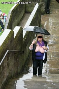 walking the city wall of chester with my tits out