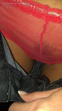 red panties with my pubes showing just a hint