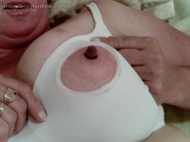 here is my nipple pumped, banded and so erotic looking purple. so sensitive...