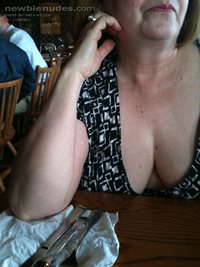Wife about to flash her tits in a cracker barrel restaurant with people aro...