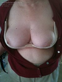 wife wears this low cut half bra with a low cut blouse out in public