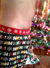 Christmas boxers in front of the Christmas tree.  Oh look, mistletoe.  KISS...