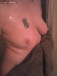 Wifes tits just getting out of shower.