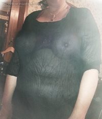 As requested, the view wearing her new open bras under a sheer blk top. Lov...