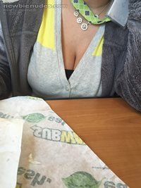 Eating lunch with my gorgeous wife admiring her sexy cleavage