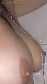 My wet boobs on display in the community bathroom at our favourite camp sit...