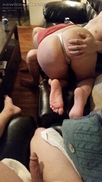 Hubby's got a hard cock watching his friend play with my ass while I suck h...